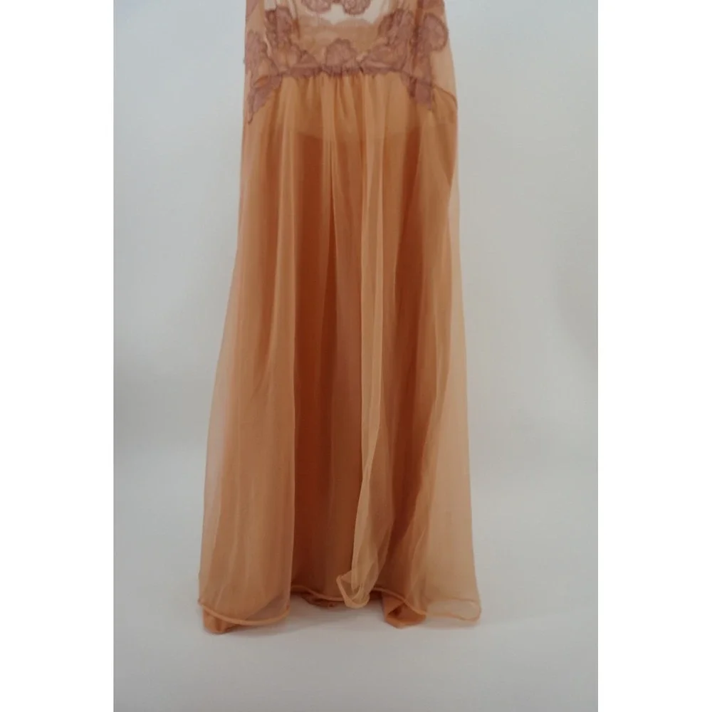 Vintage Style Sheer Lace Bodice Nightgown Coquette Fairycore Peach Apricot OS